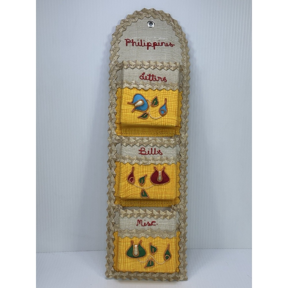 Vintage Handwoven Philippines Wall Organizer Mail Letters Bills Natural NOS